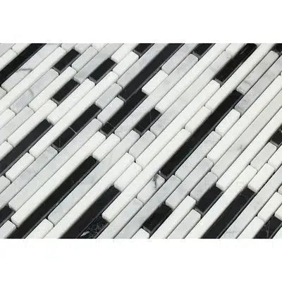 Carrara White Italian Premium Bamboo Sticks (Thassos + Carrara + Black) Mosaic Polished - Honed - SurfacesGalorePolished