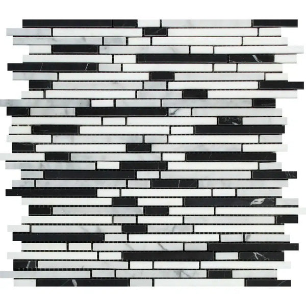 Carrara White Italian Premium Bamboo Sticks (Thassos + Carrara + Black) Mosaic Polished - Honed - SurfacesGalorePolished