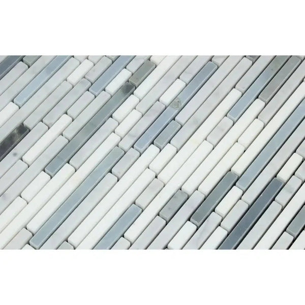 Carrara White Italian Premium Bamboo Sticks (Thassos+Carrara+Blue - Gray) Mosaic Polished - Honed - SurfacesGalorePolished