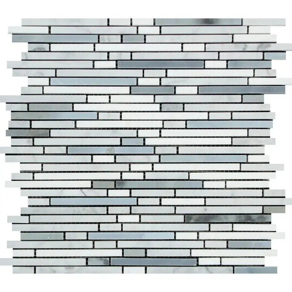 Carrara White Italian Premium Bamboo Sticks (Thassos+Carrara+Blue-Gray) Mosaic Polished-Honed