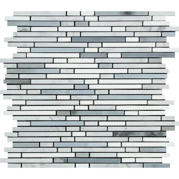 Carrara White Italian Premium Bamboo Sticks (Thassos+Carrara+Blue - Gray) Mosaic Polished - Honed - SurfacesGalorePolished