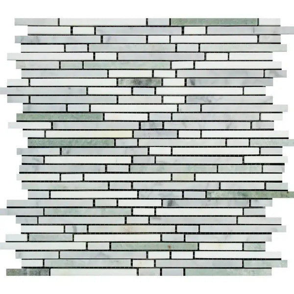 Carrara White Italian Premium Bamboo Sticks (Thassos+Carrara+Ming Green) Mosaic Polished - Honed - SurfacesGalorePolished