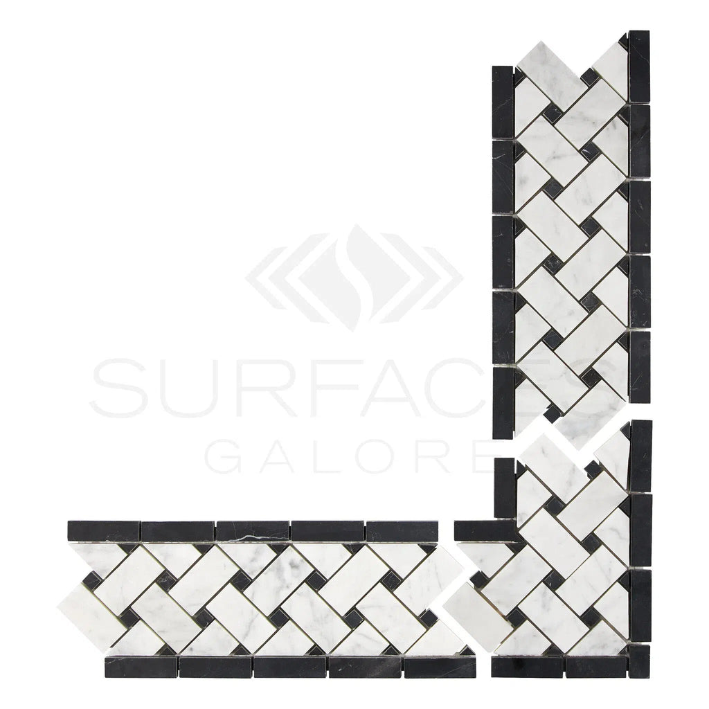 Carrara White Italian Premium Basketweave Border CORNER (w/ Black) Polished - Honed - SurfacesGalorePolished