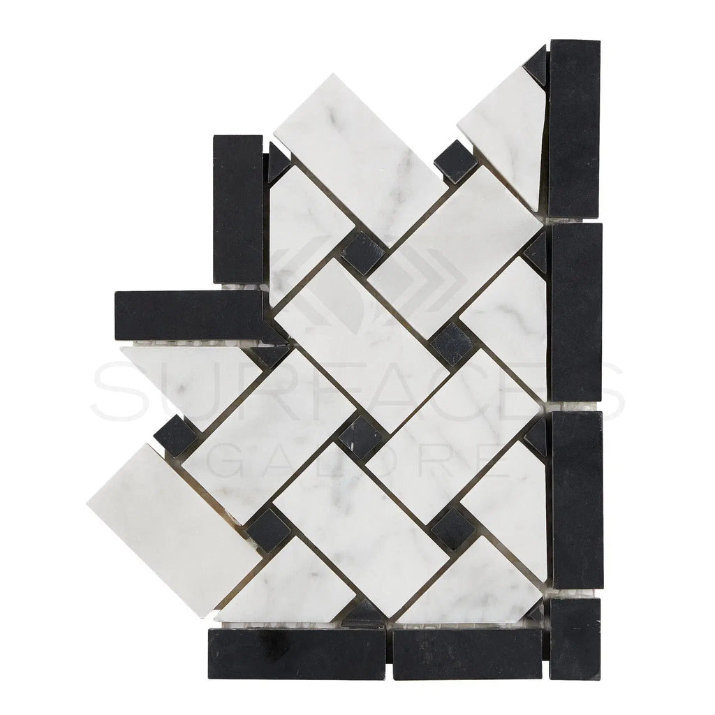 Carrara White Italian Premium Basketweave Border CORNER (w/ Black) Polished-Honed