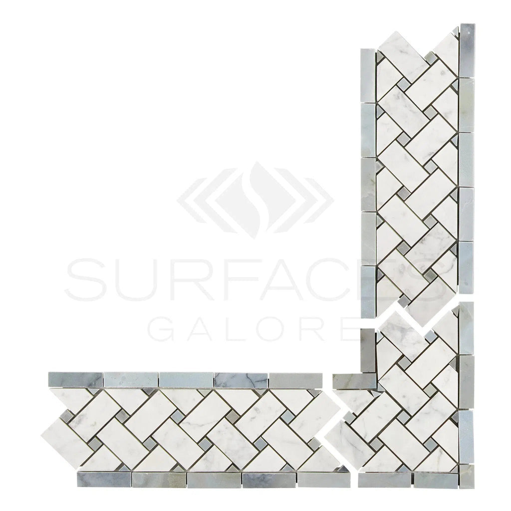 Carrara White Italian Premium Basketweave Border CORNER (w/ Blue - Gray) Polished - Honed - SurfacesGalorePolished