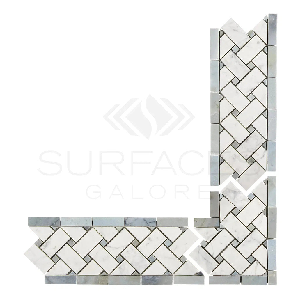 Carrara White Italian Premium Basketweave Border CORNER (w/ Blue-Gray) Polished-Honed