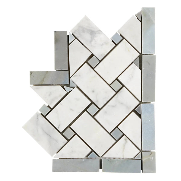 Carrara White Italian Premium Basketweave Border CORNER (w/ Blue-Gray) Polished-Honed