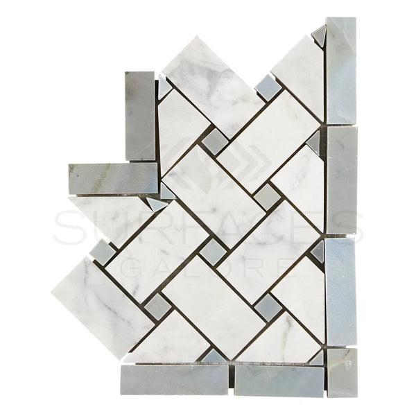 Carrara White Italian Premium Basketweave Border CORNER (w/ Blue - Gray) Polished - Honed - SurfacesGalorePolished