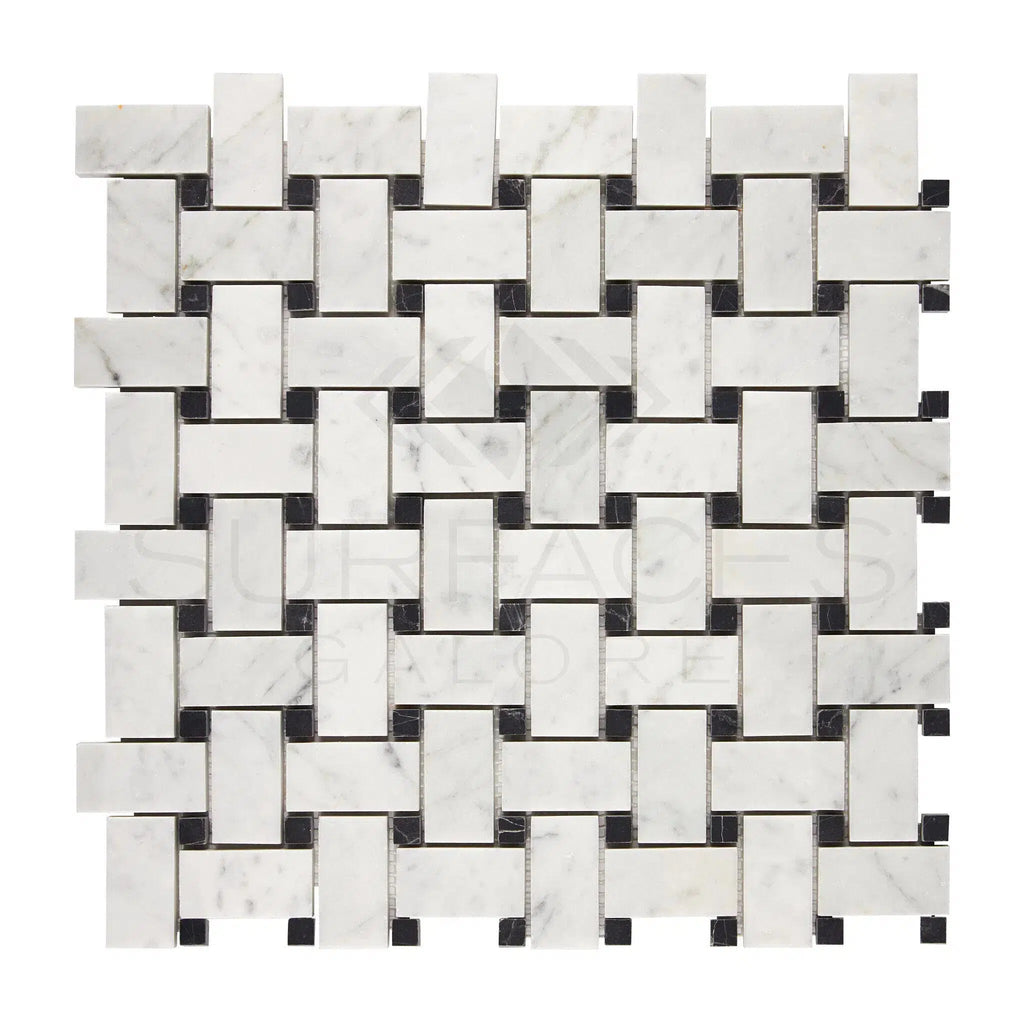 Carrara White Italian Premium Basketweave (w/ Black) Mosaic Marble Tile Polished-Honed