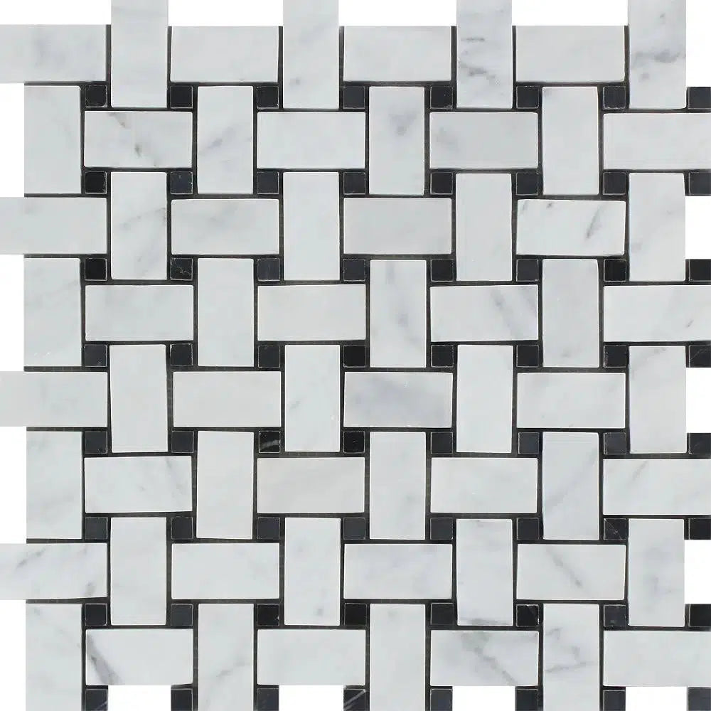 Carrara White Italian Premium Basketweave (w/ Black) Mosaic Marble Tile Polished-Honed