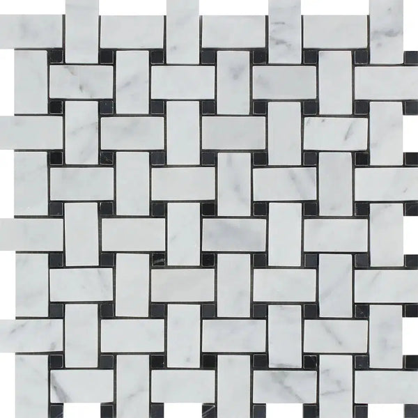 Carrara White Italian Premium Basketweave (w/ Black) Mosaic Marble Tile Polished - Honed - SurfacesGalorePolished