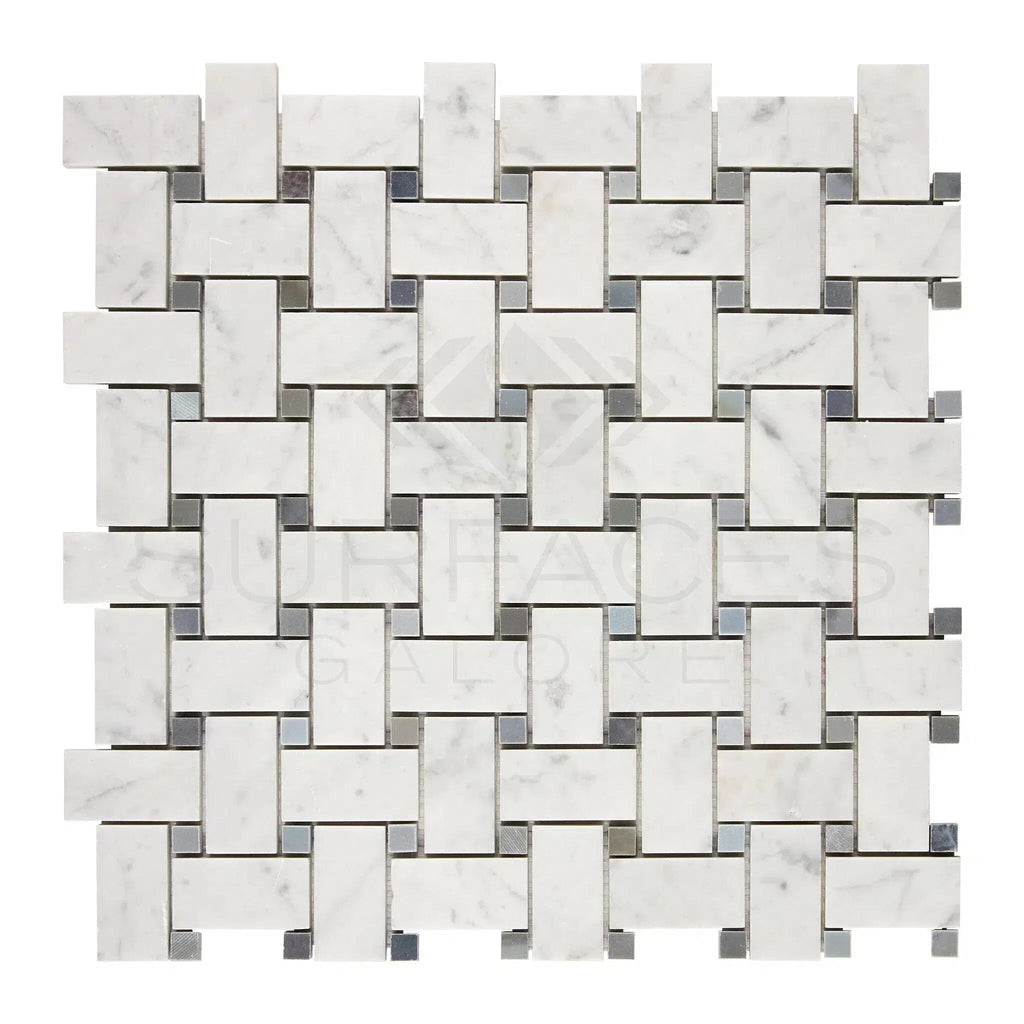 Carrara White Italian Premium Basketweave (w/ Blue-Gray) Mosaic Marble Tile Polished-Honed