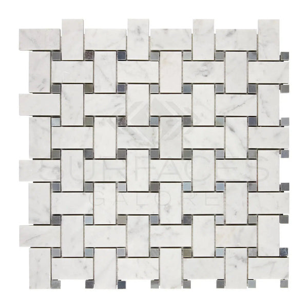 Carrara White Italian Premium Basketweave (w/ Blue - Gray) Mosaic Marble Tile Polished - Honed - SurfacesGalorePolished