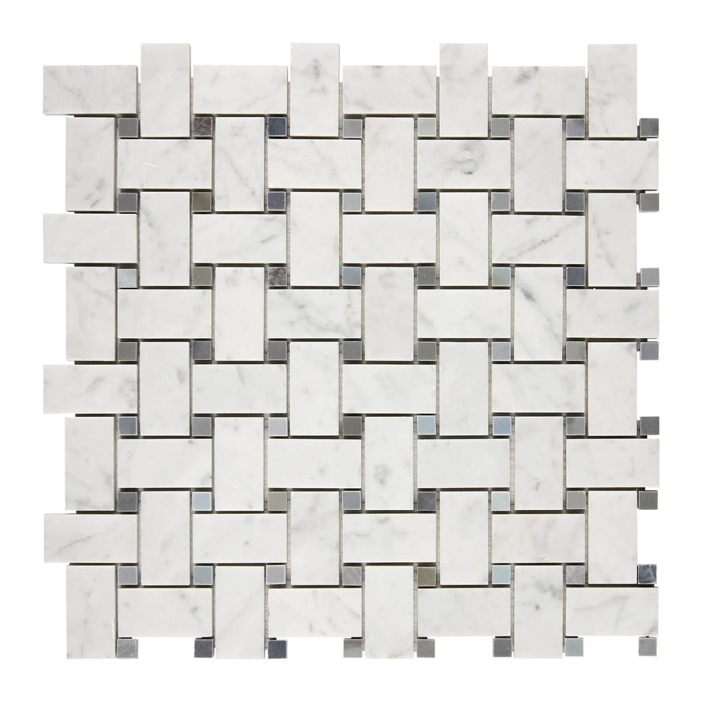 Carrara White Italian Premium Basketweave (w/ Blue-Gray) Mosaic Marble Tile Polished-Honed