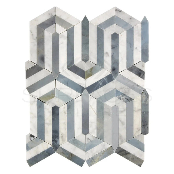 Carrara White Italian Premium Berlinatta Design (w/ Blue - Gray) Mosaic Polished - Honed - SurfacesGalorePolished