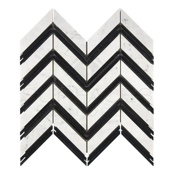 Carrara White Italian Premium Chevron (LARGE) (w/ Carrara / Black) Mosaic Marble Tile Polished - Honed - SurfacesGalorePolished