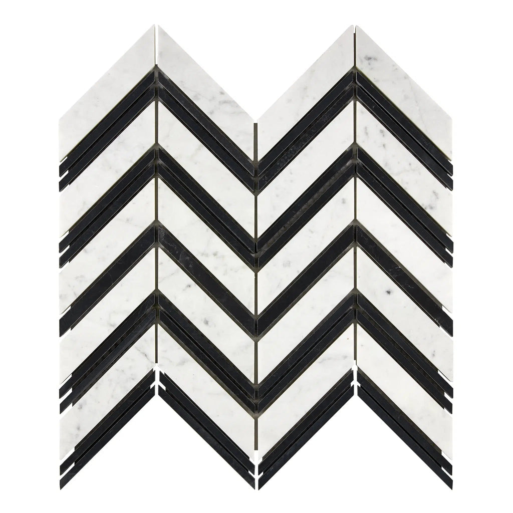 Carrara White Italian Premium Chevron (LARGE) (w/ Carrara / Black) Mosaic Marble Tile Polished-Honed