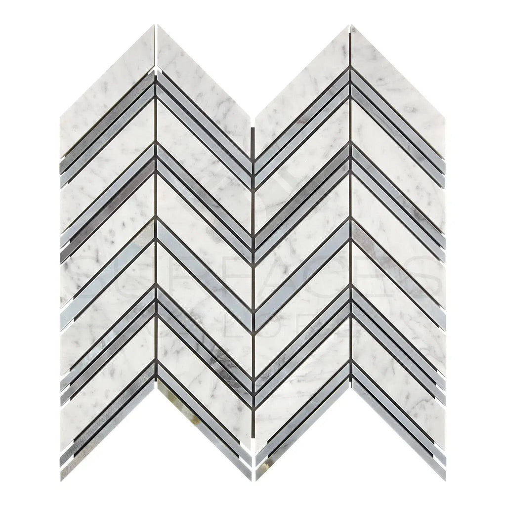 Carrara White Italian Premium Chevron (LARGE) (w/ Carrara / Blue-Gray) Mosaic Marble Tile Polished-Honed