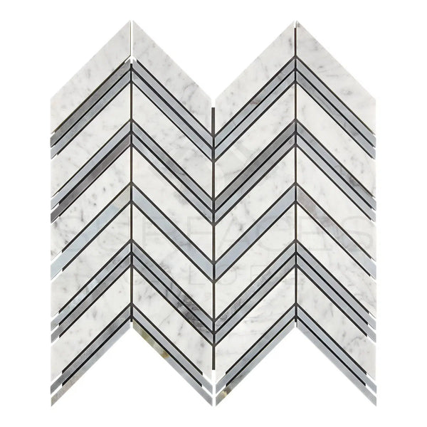 Carrara White Italian Premium Chevron (LARGE) (w/ Carrara / Blue - Gray) Mosaic Marble Tile Polished - Honed - SurfacesGalorePolished