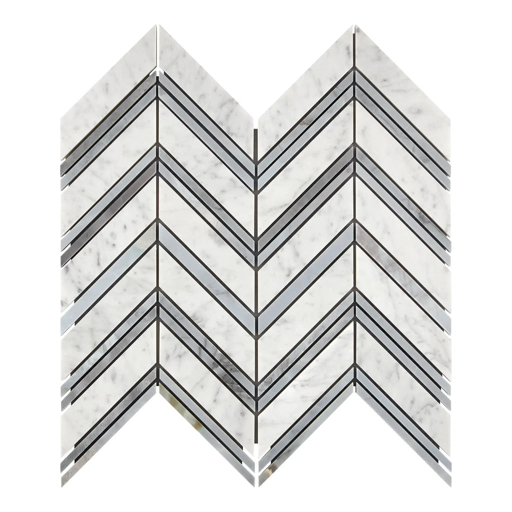 Carrara White Italian Premium Chevron (LARGE) (w/ Carrara / Blue-Gray) Mosaic Marble Tile Polished-Honed