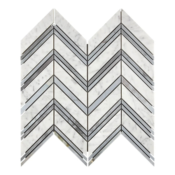 Carrara White Italian Premium Chevron (LARGE) (w/ Carrara / Blue-Gray) Mosaic Marble Tile Polished-Honed