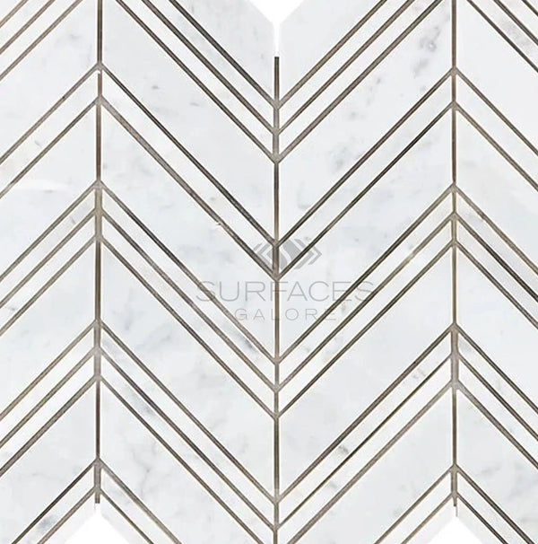 Carrara White Italian Premium Chevron (LARGE) (w/ Carrara / Carrara) Mosaic Marble Tile Polished - Honed - SurfacesGalorePolished