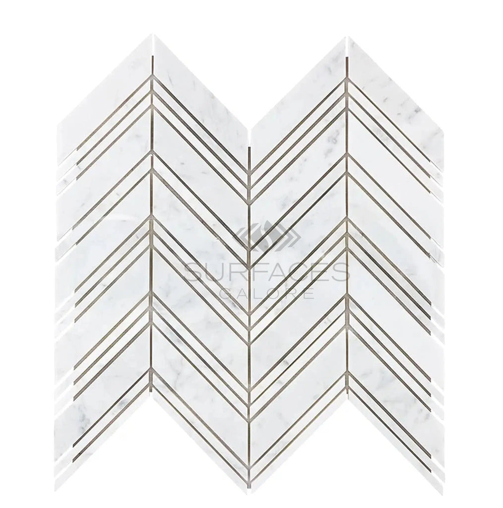 Carrara White Italian Premium Chevron (LARGE) (w/ Carrara / Carrara) Mosaic Marble Tile Polished - Honed - SurfacesGalorePolished