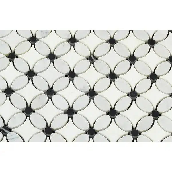 Carrara White Italian Premium Florida Flower Mosaic (Thassos+White Carrara(Oval)+Black(Dots)) Mosaic Marble Tile Polished - Honed - SurfacesGalorePolished