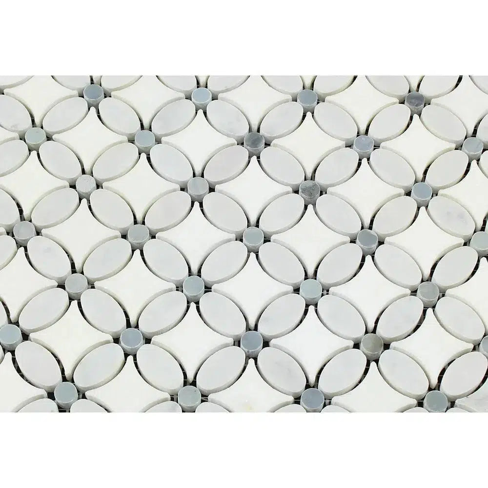 Carrara White Italian Premium Florida Flower Mosaic (Thassos+White Carrara(Oval)+Blue - Gray(Dots)) Mosaic Marble Tile Polished - Honed - SurfacesGalorePolished