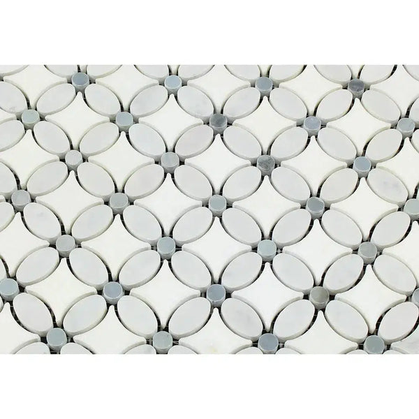 Carrara White Italian Premium Florida Flower Mosaic (Thassos+White Carrara(Oval)+Blue - Gray(Dots)) Mosaic Marble Tile Polished - Honed - SurfacesGalorePolished