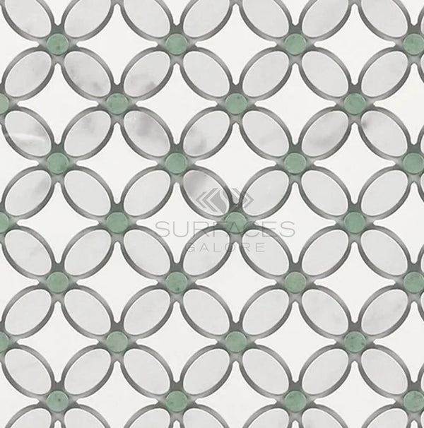 Carrara White Italian Premium Florida Flower Mosaic (Thassos+White Carrara(Oval)+Ming Green(Dots)) Mosaic Marble Tile Polished - Honed - SurfacesGalorePolished