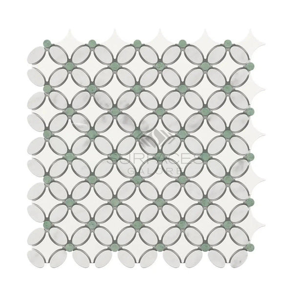 Carrara White Italian Premium Florida Flower Mosaic (Thassos+White Carrara(Oval)+Ming Green(Dots)) Mosaic Marble Tile Polished-Honed