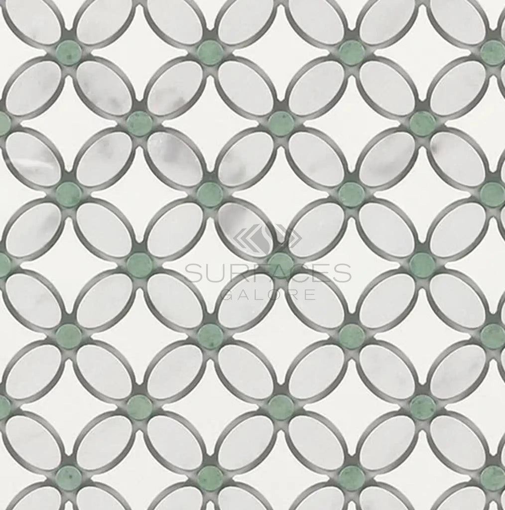 Carrara White Italian Premium Florida Flower Mosaic (Thassos+White Carrara(Oval)+Ming Green(Dots)) Mosaic Marble Tile Polished-Honed