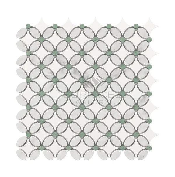 Carrara White Italian Premium Florida Flower Mosaic (Thassos+White Carrara(Oval)+Ming Green(Dots)) Mosaic Marble Tile Polished - Honed - SurfacesGalorePolished