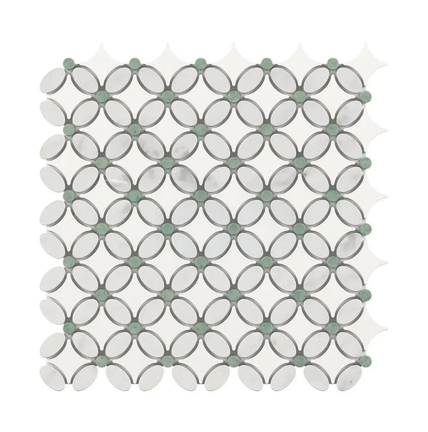 Carrara White Italian Premium Florida Flower Mosaic (Thassos+White Carrara(Oval)+Ming Green(Dots)) Mosaic Marble Tile Polished-Honed