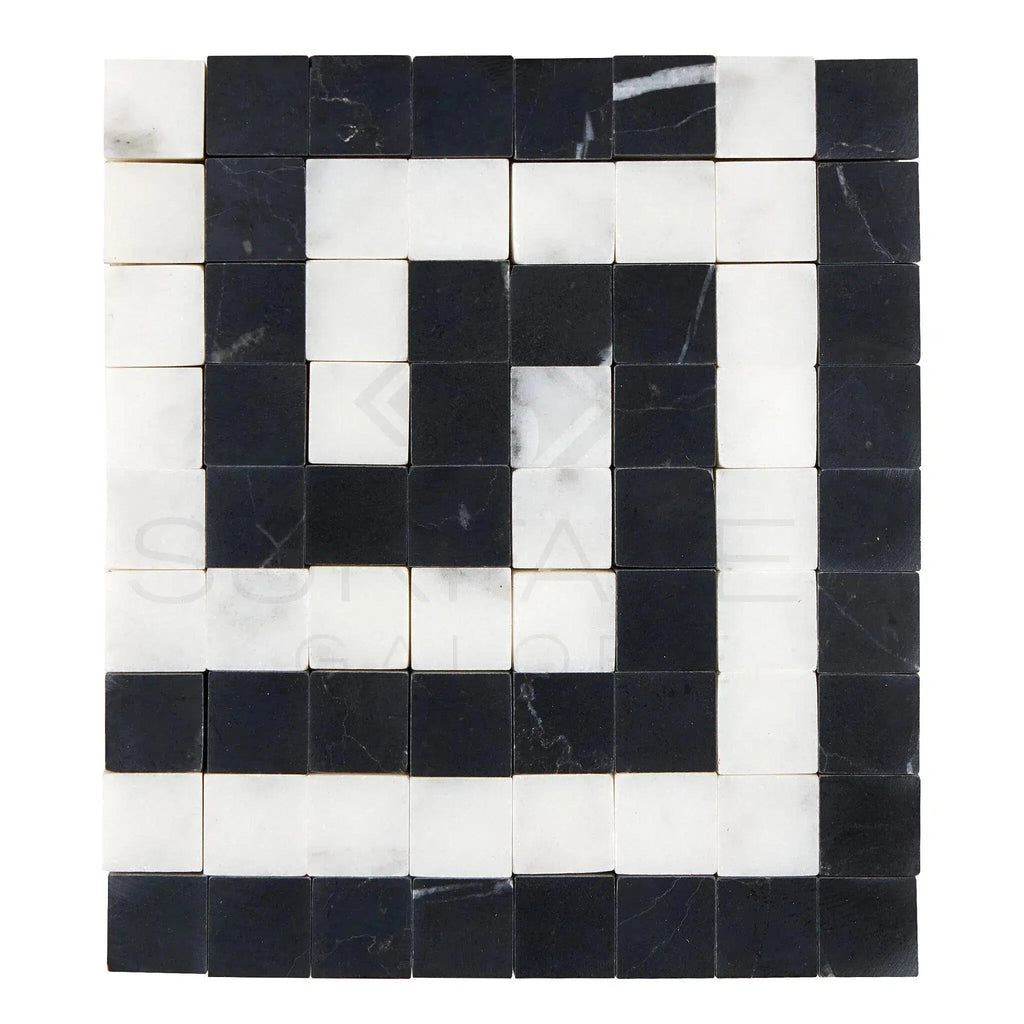 Carrara White Italian Premium Greek Key Border CORNER (w/ Black) 3 1/8 X 3 1/2 Polished-Honed