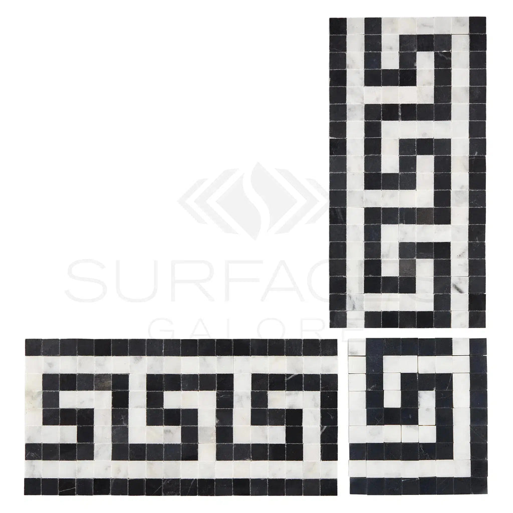 Carrara White Italian Premium Greek Key Border CORNER (w/ Black) 3 1/8 X 3 1/2 Polished-Honed