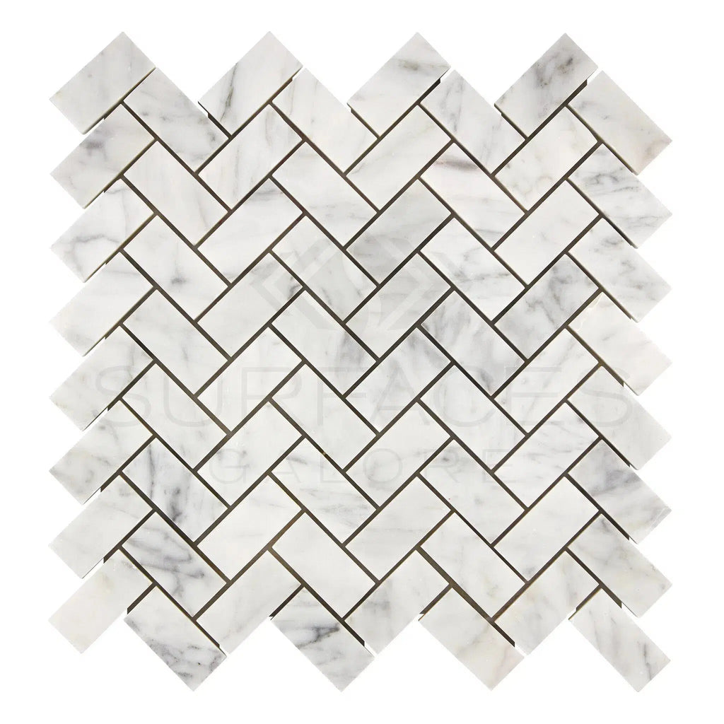 Carrara White Italian Premium Herringbone Mosaic 1X2 Brick Mosaic Marble Tile Polished - Honed - SurfacesGalorePolished