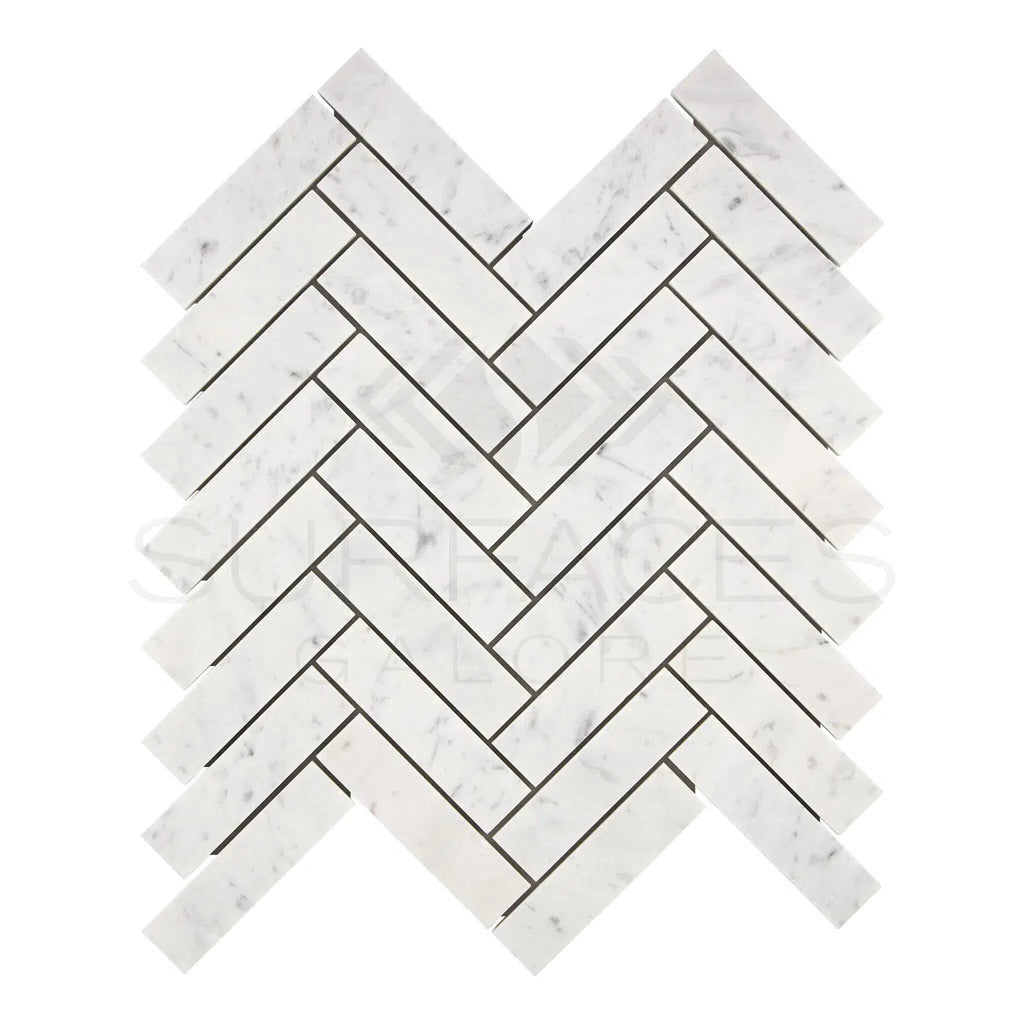 Carrara White Italian Premium Herringbone Mosaic 1X4 Brick Mosaic Marble Tile Polished - Honed - SurfacesGalorePolished