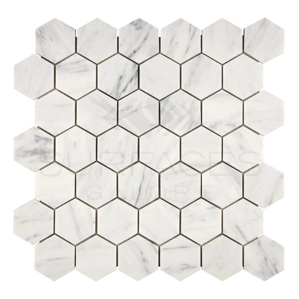 Carrara White Italian Premium Hexagon 2X2 Mosaic Marble Tile Polished-Honed