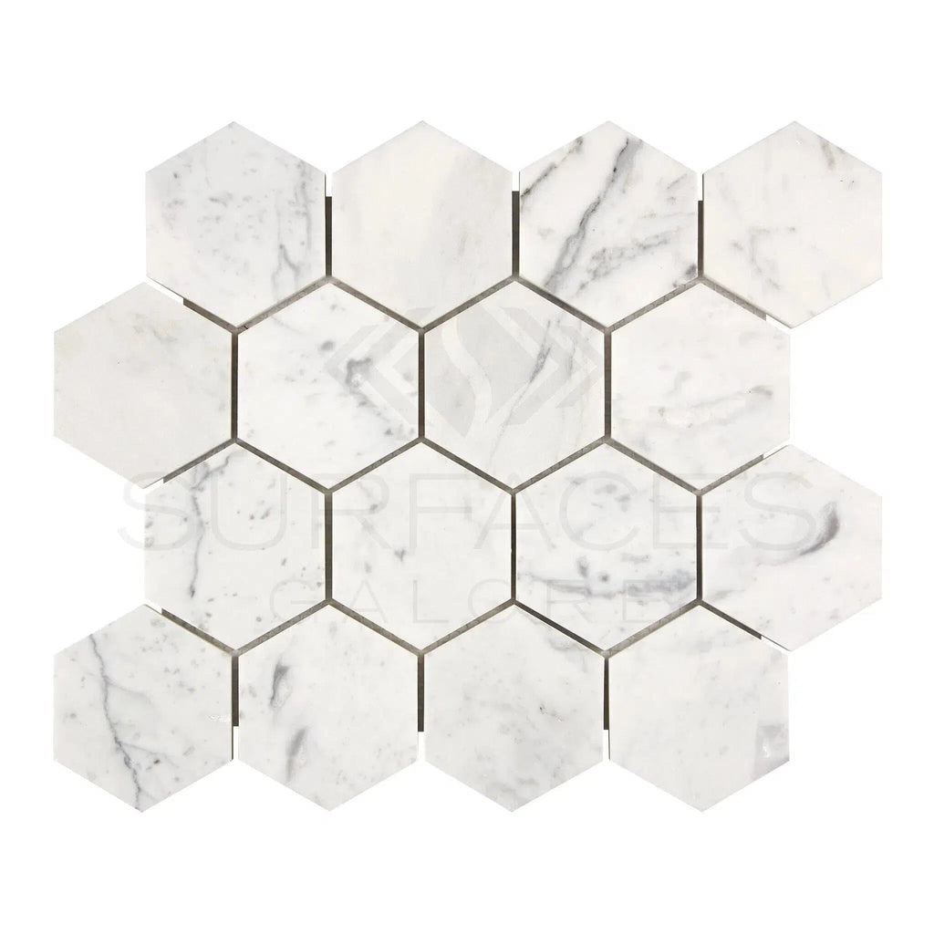 Carrara White Italian Premium Hexagon 3X3 Mosaic Marble Tile Polished-Honed