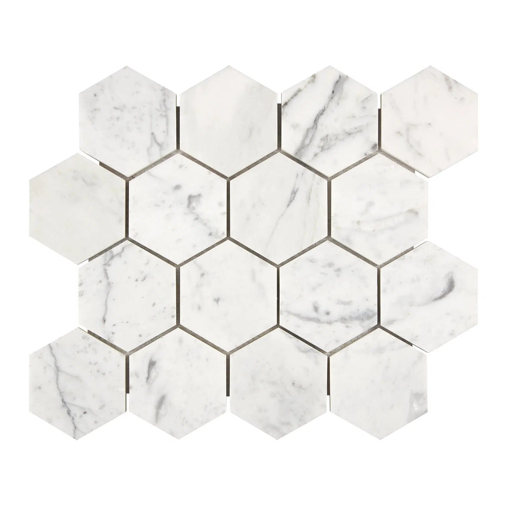 Carrara White Italian Premium Hexagon 3X3 Mosaic Marble Tile Polished-Honed