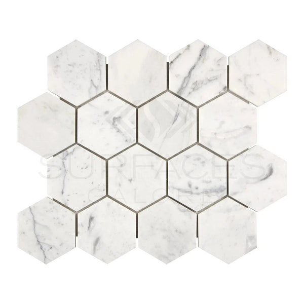 Carrara White Italian Premium Hexagon 3X3 Mosaic Marble Tile Polished - Honed - SurfacesGalorePolished