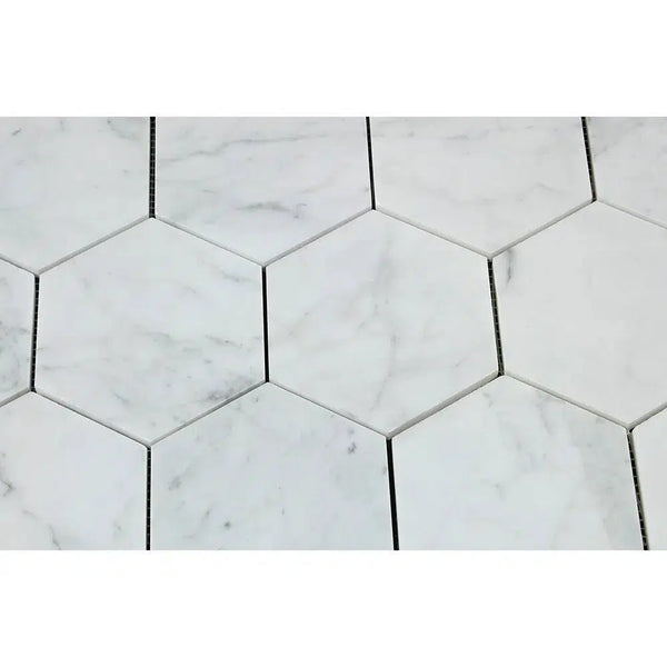 Carrara White Italian Premium Hexagon 5X5 Mosaic Marble Tile Polished - Honed - SurfacesGalorePolished