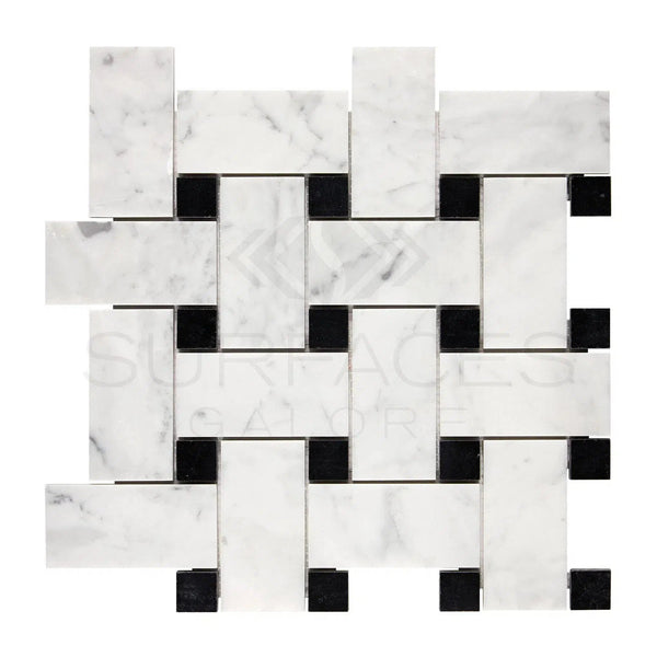 Carrara White Italian Premium Large Basketweave (w/ Black) Mosaic Marble Tile Polished-Honed