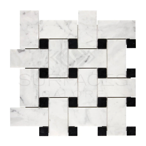 Carrara White Italian Premium Large Basketweave (w/ Black) Mosaic Marble Tile Polished - Honed - SurfacesGalorePolished