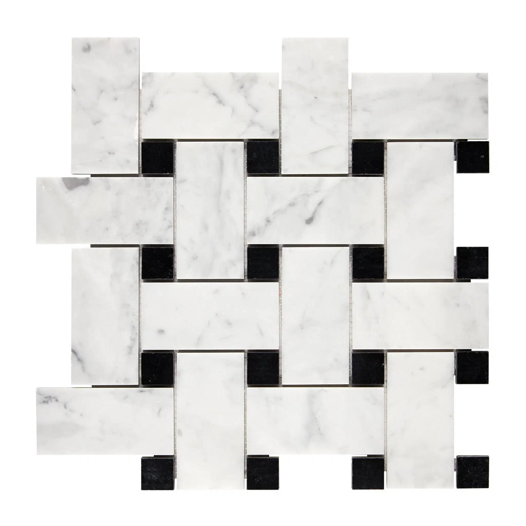 Carrara White Italian Premium Large Basketweave (w/ Black) Mosaic Marble Tile Polished-Honed