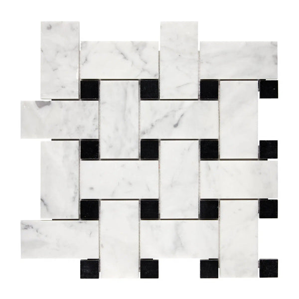 Carrara White Italian Premium Large Basketweave (w/ Black) Mosaic Marble Tile Polished-Honed