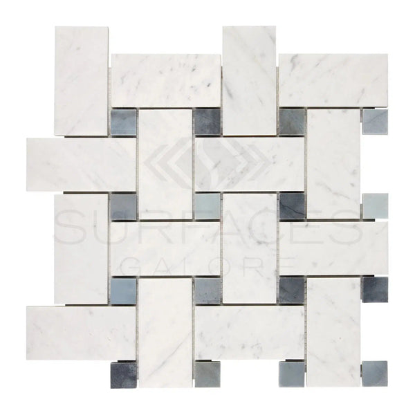 Carrara White Italian Premium Large Basketweave (w/ Blue - Gray) Mosaic Marble Tile Polished - Honed - SurfacesGalorePolished