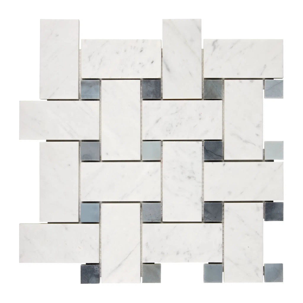 Carrara White Italian Premium Large Basketweave (w/ Blue-Gray) Mosaic Marble Tile Polished-Honed